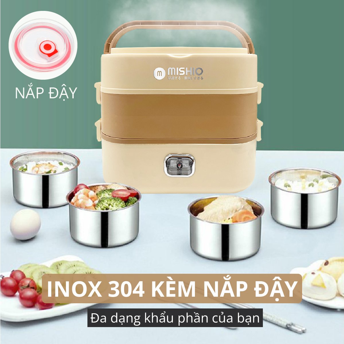 Hộp Hâm Cơm - tiệt trùng bình sữa Mishio MK345 kèm 4 hộp đựng inox 304