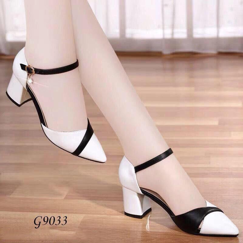 Giày Sandal Nữ Cao Gót 7 Phân Họa Tiết Đan Đen Trắng Đan Chéo_G-9033