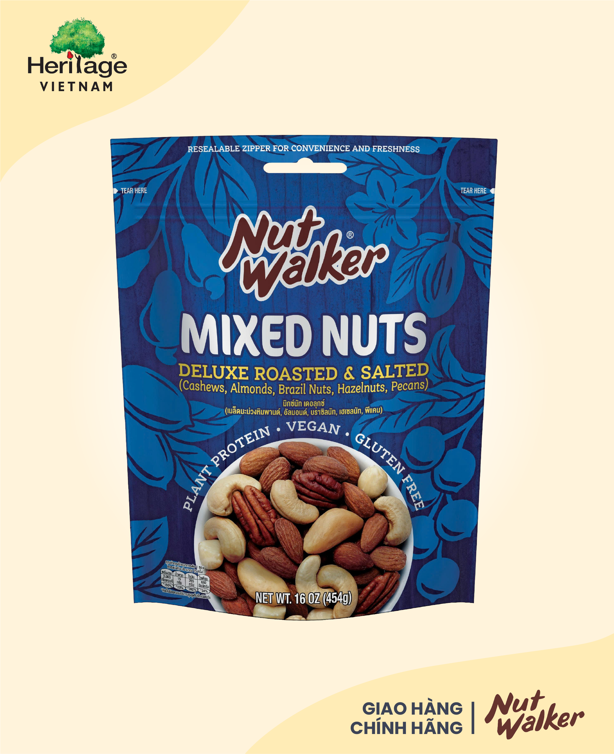 Nut Walker - Gói 454gr Hạt hỗn hợp cao cấp rang muối (Deluxe Roasted &amp; Salted Mixed Nuts)