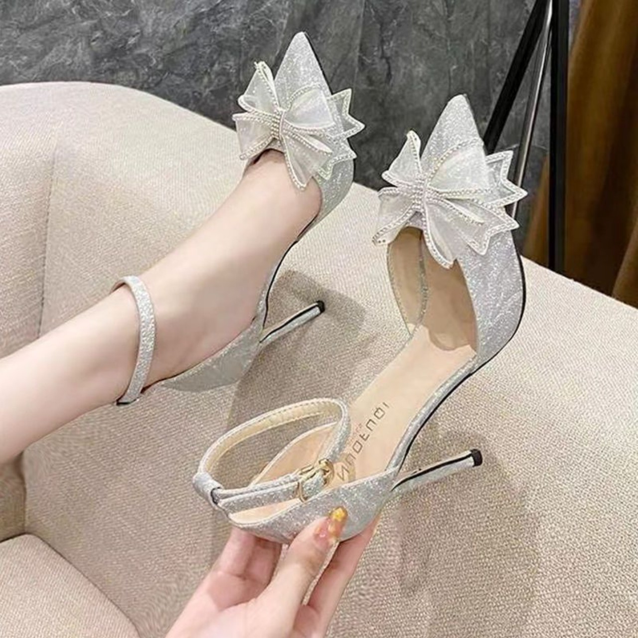 Giày Cao Gót Sandal Nữ Quai hậu nơ đính đá xinh Xuất sắc cao 7 phân mã NKC75