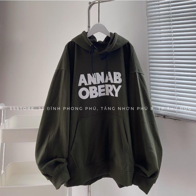 Áo Hoodie nỉ cotton lót bông thêu chữ ANNAB màu xanh form rộng unisex nam nữ