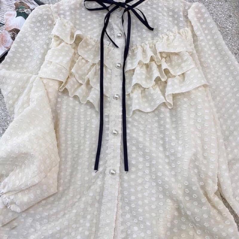 Áo Sơmi Bèo Voan Bi Tiểu Thư, Áo Kiểu Cổ Ren Nơ Điệu Đà Có Ảnh Thật Kèm Video