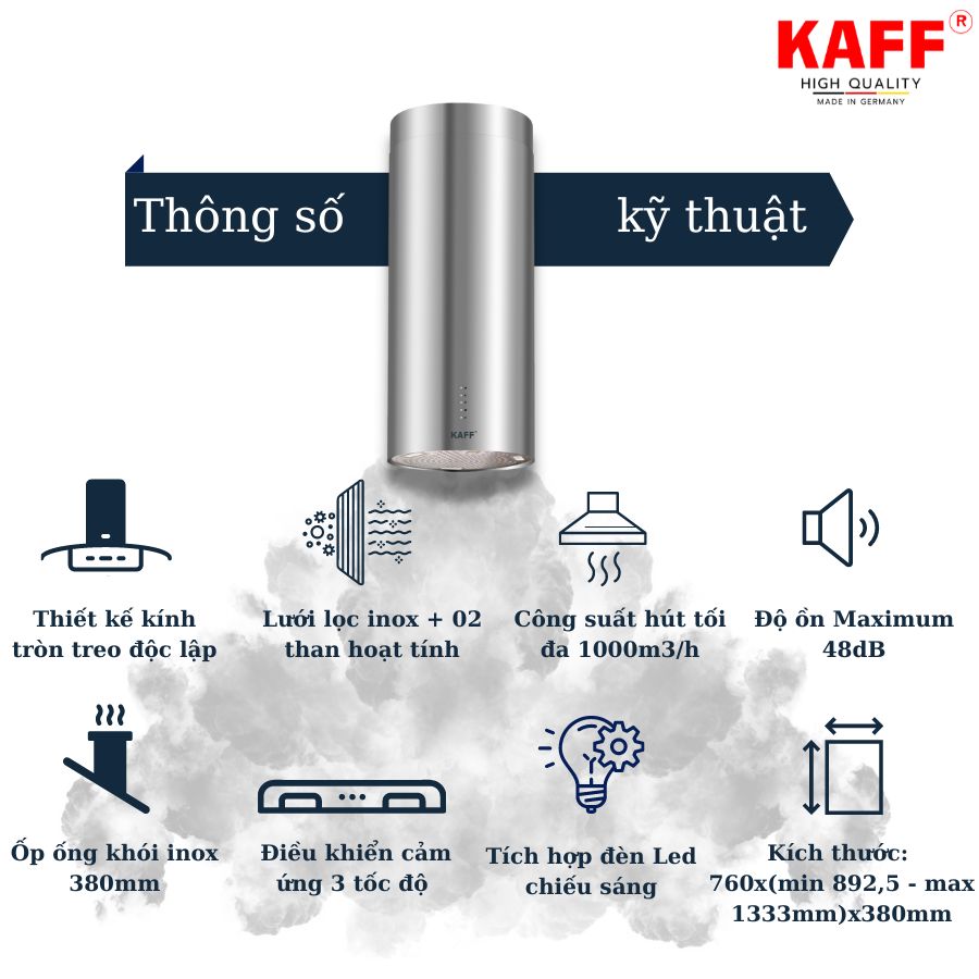 Máy hút mùi độc lập dạng ống_inox_cảm ứng KAFF KF_IS380CRS Tặng bộ lọc than thay thế _ Hàng Chính Hãng