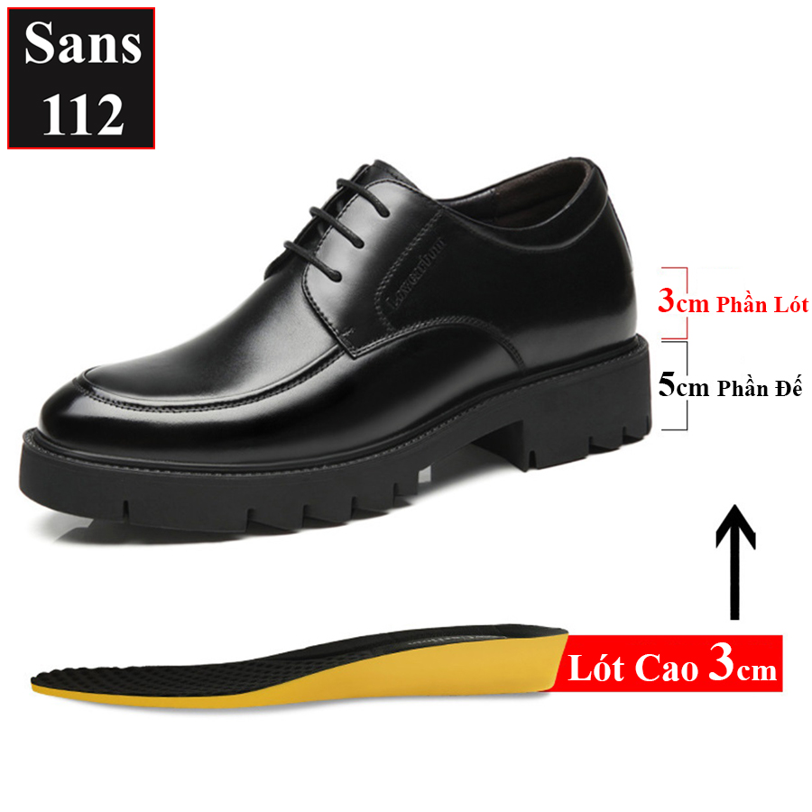 Giày da nam tăng chiều cao 10cm Sans112 da bò giầy tây đế độn gót size 37 cao cấp da bóng 9cm đám cưới chú rể mặc vest