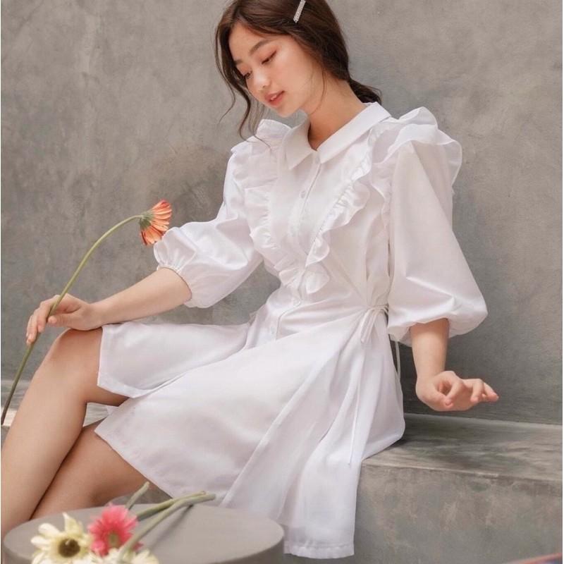 Đầm váy trắng phối bèo tay lỡ (kèm hình thật)