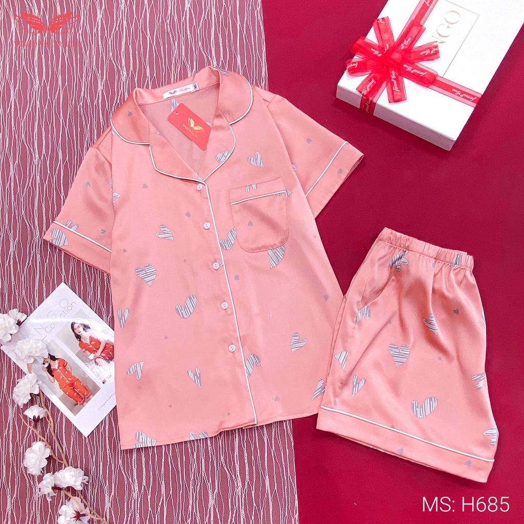 Bộ Đồ Nữ Pijama Mặc Nhà Lụa VINGO Mềm Mịn Cao Cấp Tay Ngắn Quần Đùi Phối Viền Họa Tiết Trái Tim Mùa Hè H685 VNGO