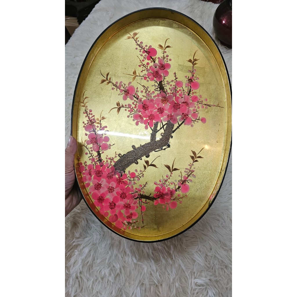 Khay gỗ sơn mài cao cấp Thanh Bình Lê dát vàng 35.5x23x3 cm đẹp mắt, sang trọng, quà tặng ý nghĩa