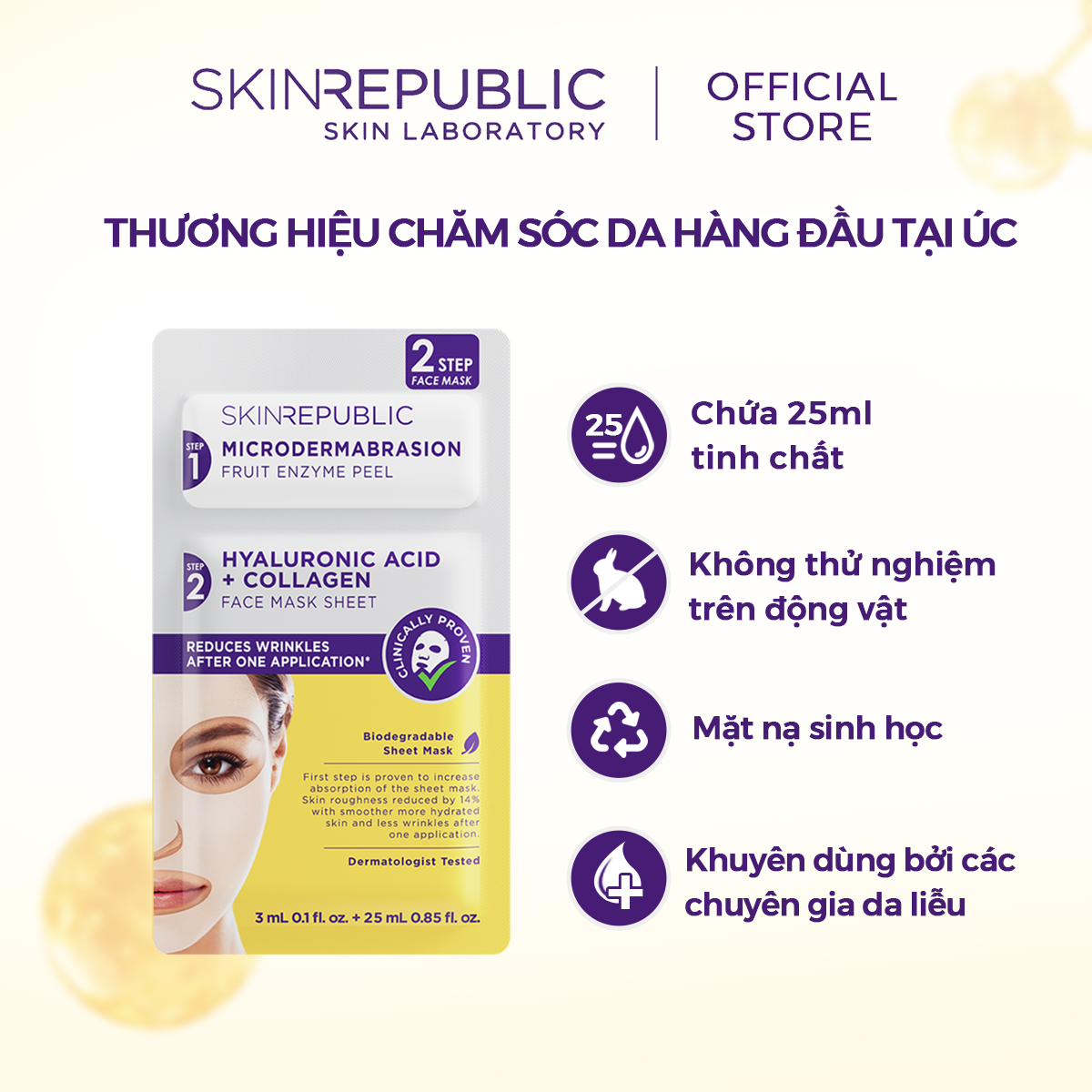 Mặt nạ dưỡng da 2 bước Skin Republic Hyaluronic Acid + Collagen Face Mask 25ml