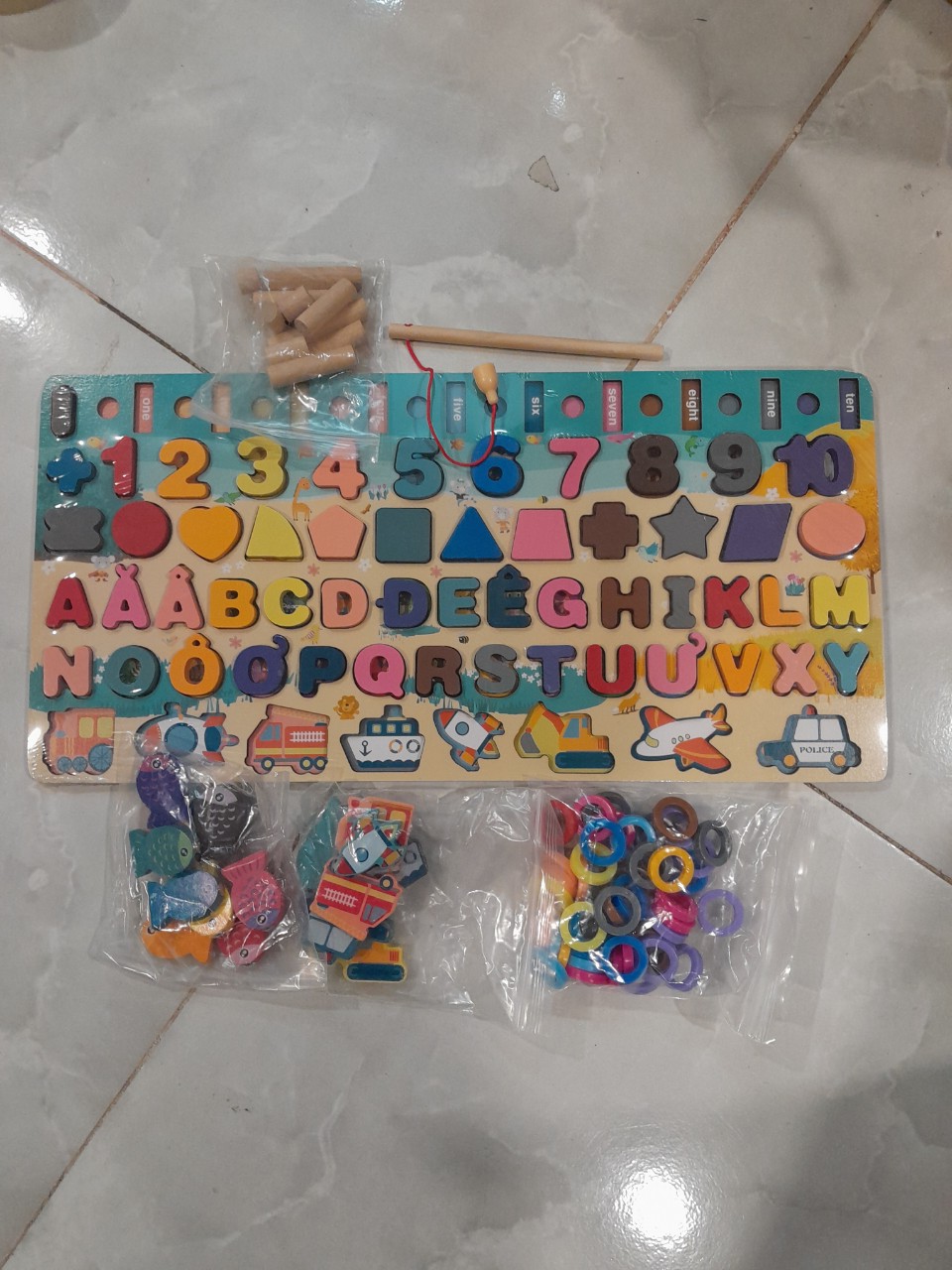 Đồ Chơi Gỗ, Bảng Chữ Cái 6in1, Đồ Chơi Câu Cá, Ghép Hình Học, Chữ Số, Chữ Cái, Phương Tiện
