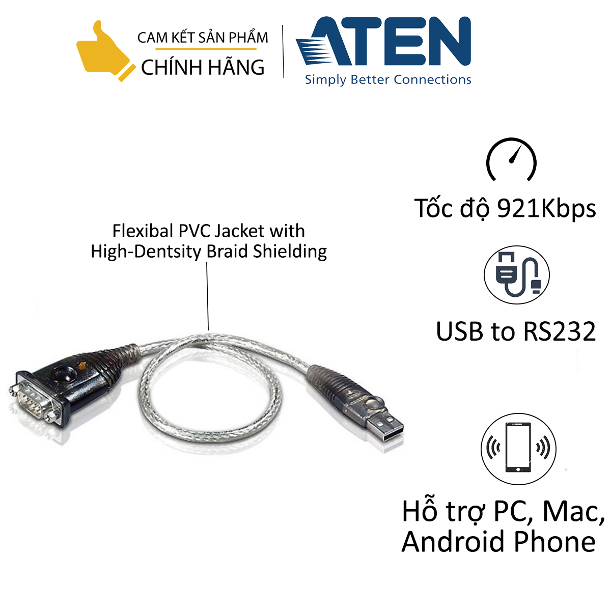 Cáp chuyển đổi USB sang RS232 Adapter (35cm) - Aten UC232A- Hàng chính hãng