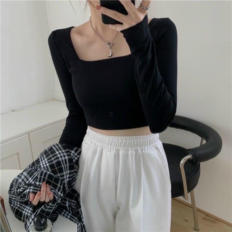 Áo croptop cổ vuông tay dài chất thun borip cao cấp -N
