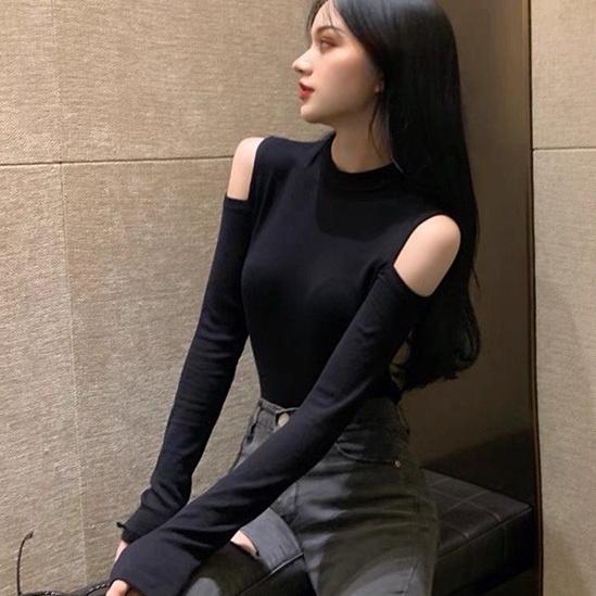 Áo thun tay dài nữ, áo thun nữ croptop khoét hở vai ống tay xẻ loe, form ôm body phong cách Hàn Quốc sexy quyến rũ AO014