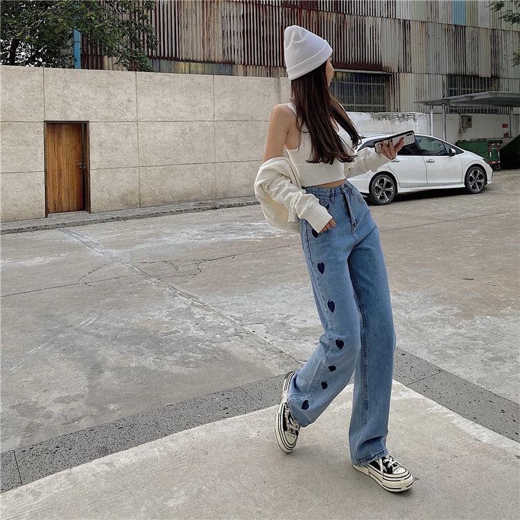 Quần Jean Dài Lưng Cao Ống Đứng 2 Màu Tùy Chọn Dễ Phối Trang Phục Phong Cách Hàn Quốc Cho Nữ