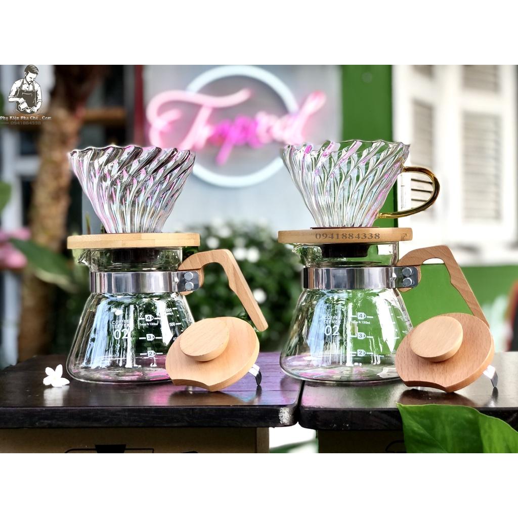 Bộ Bình Pha Cà Phê Drip Coffee, Pour over V60 600ML Tay Cầm Gỗ