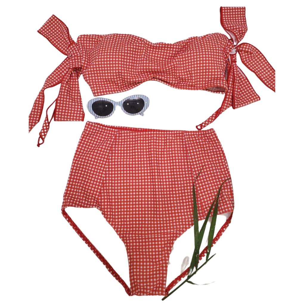 Bikini, Đồ Bơi Đi Biển Hai Mảnh Caro Nơ Vai Đỏ Quần Cạp Cao ODERI HM-017