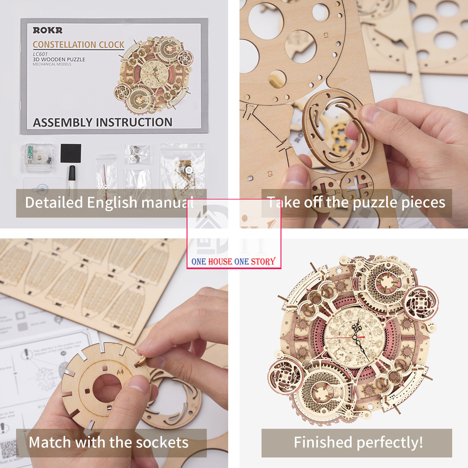 Mô hình gỗ lắp ghép Robotime ROKR Đồng hồ Cung Hoàng Đạo Zodiac Wall Clock Mechanical Time Art Engine LC601
