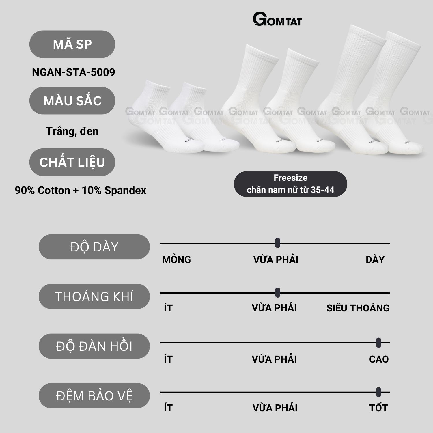 Combo 10 đôi vớ trắng GOMTAT nam nữ cổ cao, chất liệu cotton mềm mại, có lót xù êm chân - NGAN-STA-5009-TRANG-CB10