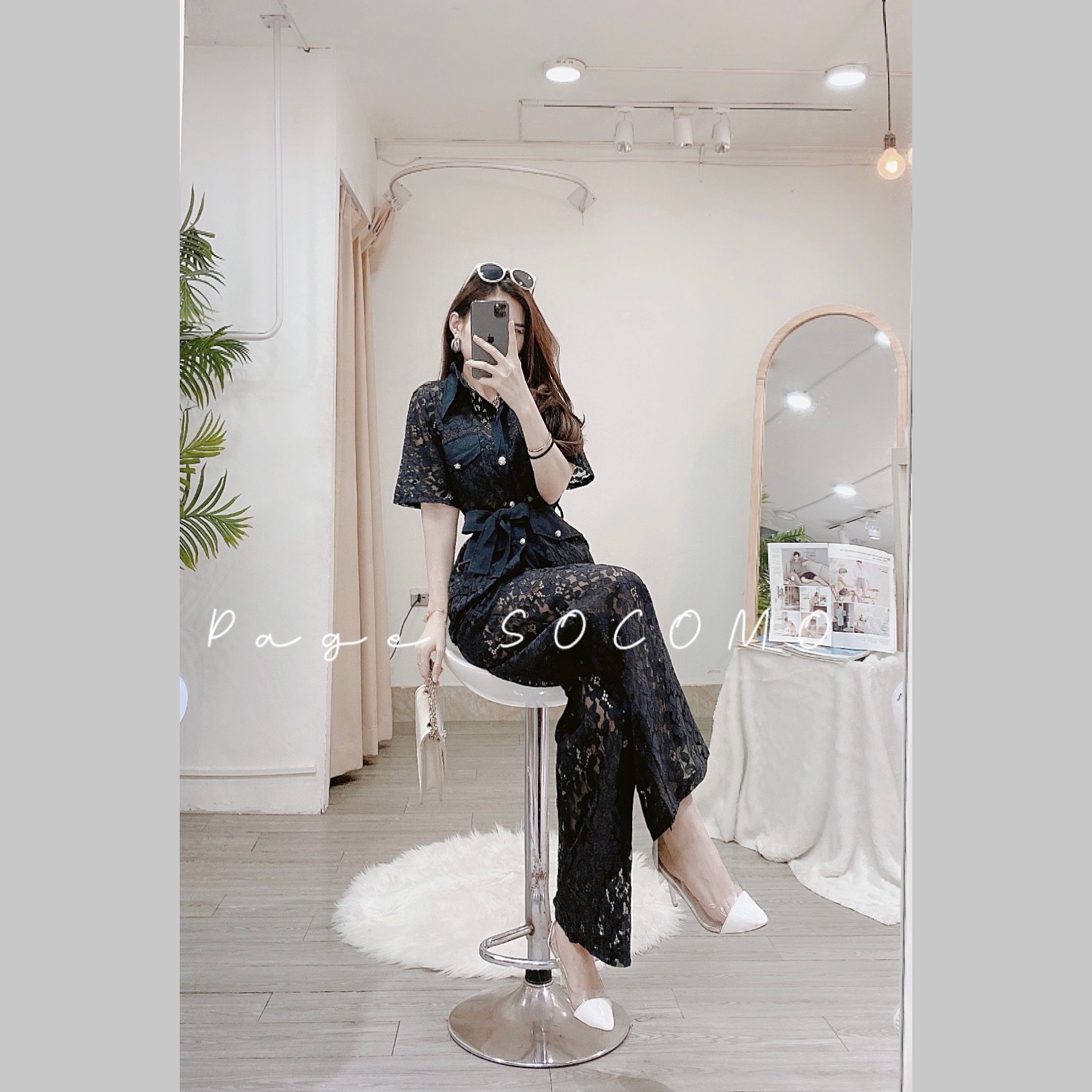Set quần suông thắt eo kèm áo cổ vest ren Socomo B402022
