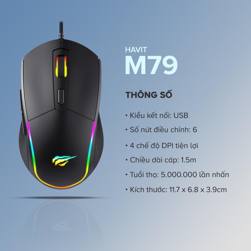 Chuột Gaming HAVIT M79, Đèn RGB, Tích Hợp 6 Nút Điều Chỉnh + 4 Chế Độ DPI, Tuổi Thọ 5tr Lần Nhấn - Hàng Chính Hãng