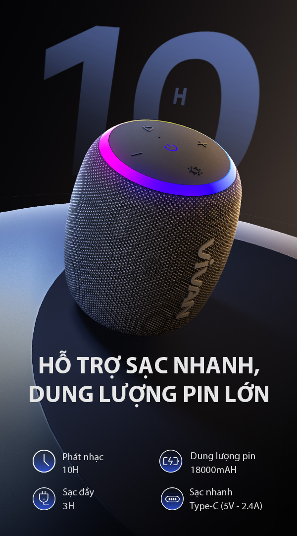 Loa Bluetooth VIVAN VS15 Công suất 10W Chống nước IPX7 Bluetooth 5.3 LED RGB HÀNG CHÍNH HÃNG