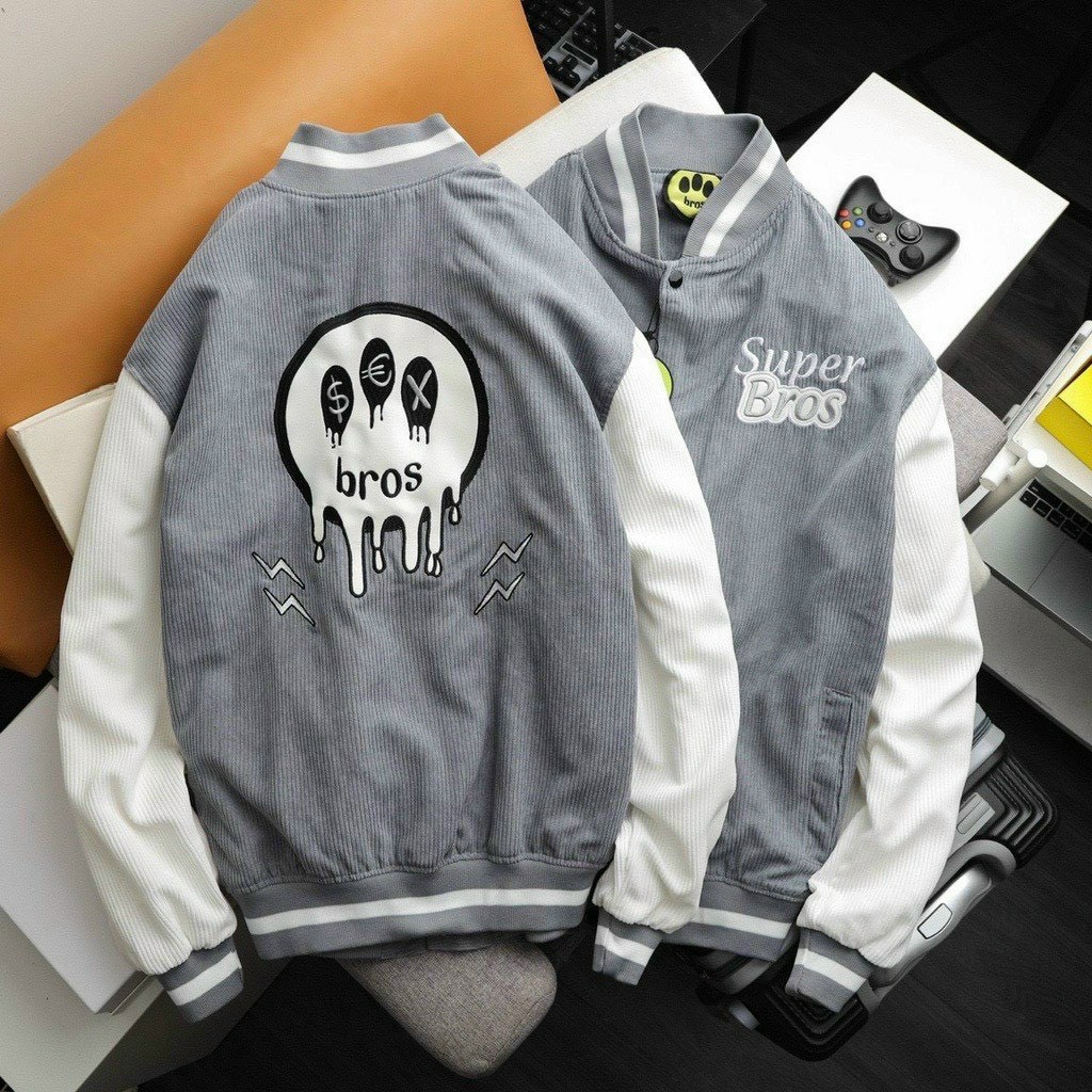 Áo Khoác Bomber Nhung Kaki 2 Lớp Lót Dù Chữ Super Bros - Kiểu Hàn Quốc Unisex Cặp Nam Nữ Thu Đông