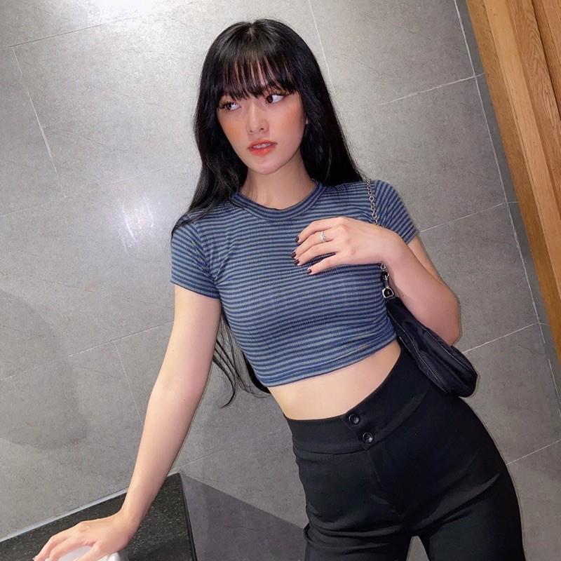 Áo nữ crop sọc tay ngắn