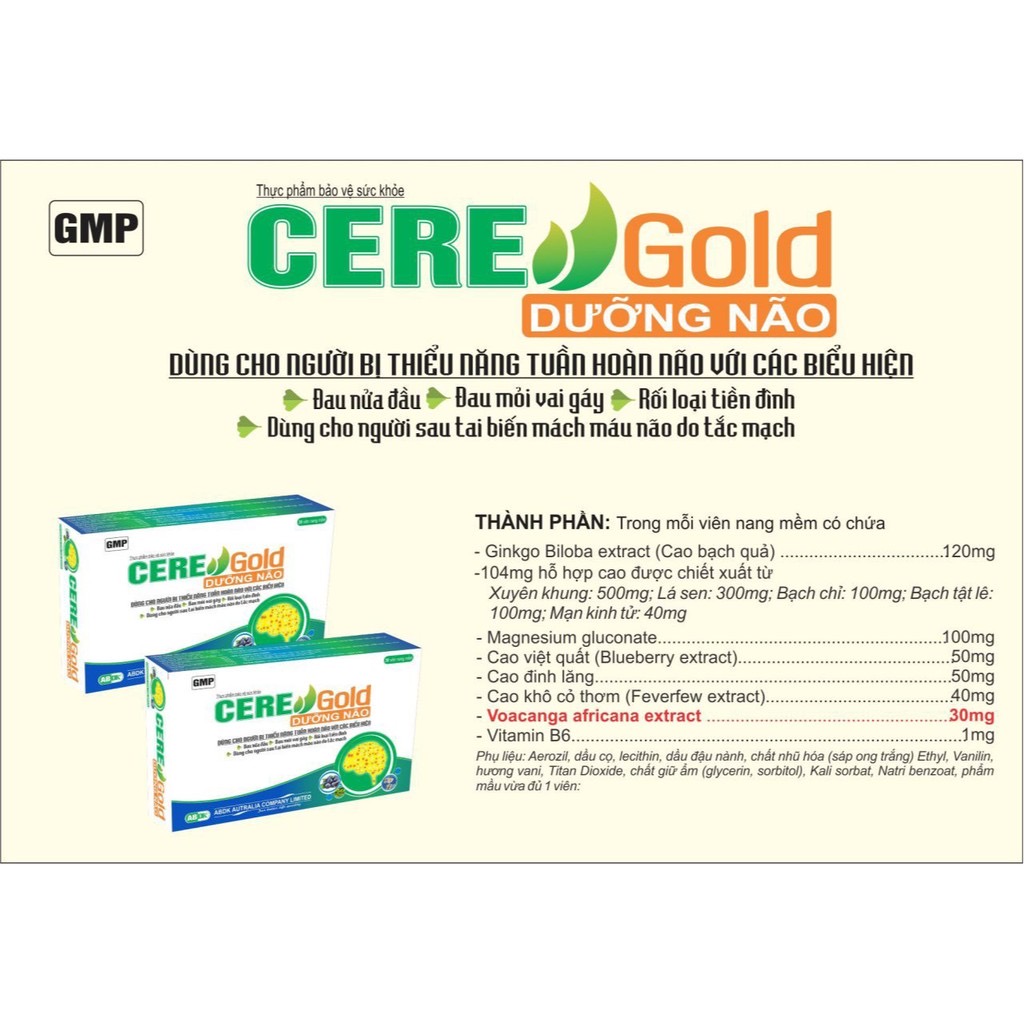 ￼CERE DƯỠNG NÃO Gold  - Hộp 30 viên  – Dưỡng Não hết đau đầu, đau mỏi vai gáy, rối loạn tiền đình, Lisse