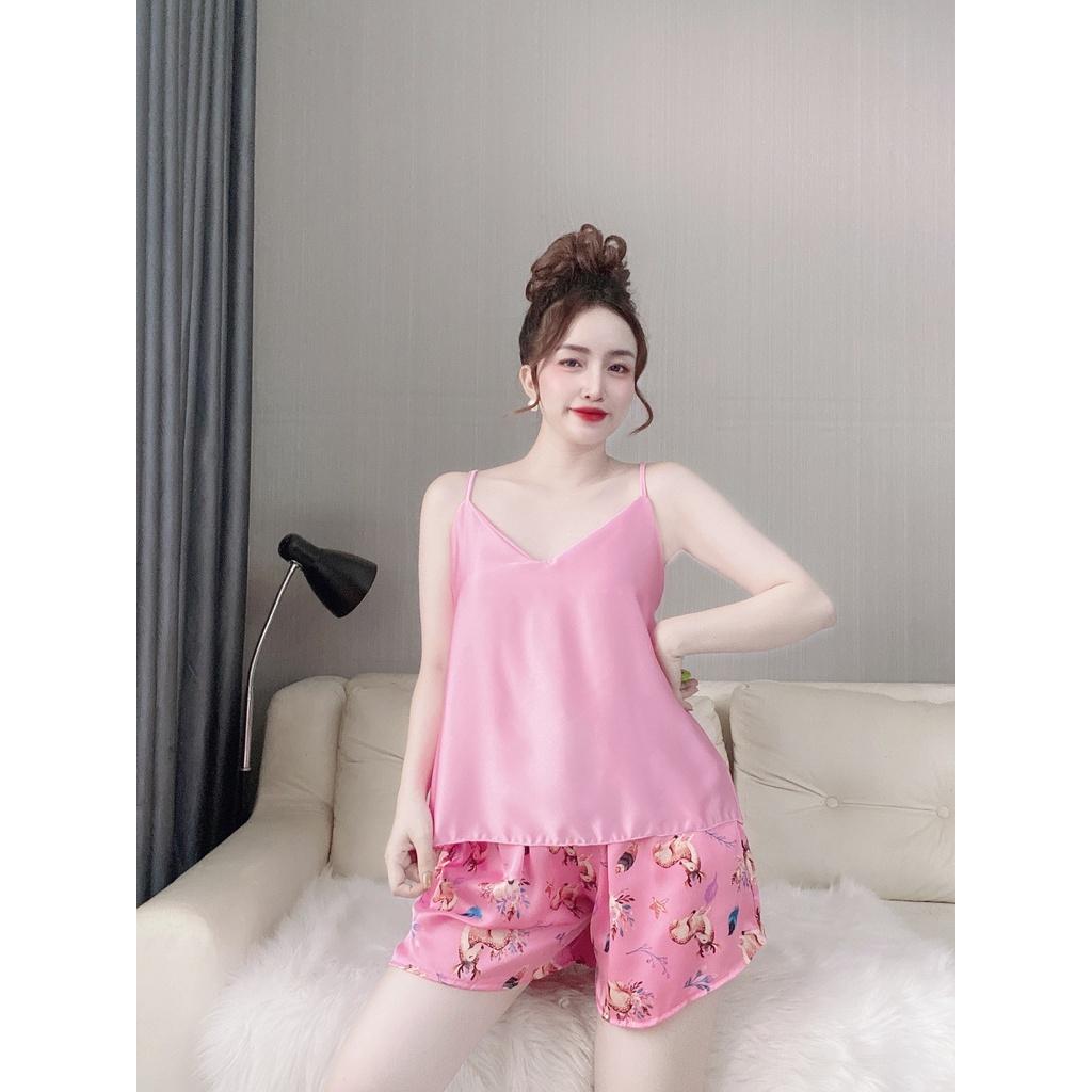 Sét đồ bộ 2 dây lụa satin phối quần họa tiết dễ thương đồ ngủ lụa mặc nhà freesize