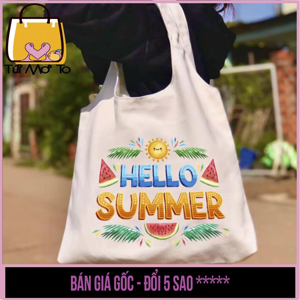 Túi tote túi vải túi canvas quai tròn có khóa kéo màu hè in Chữ Hello Summer- Túi Mơ To store