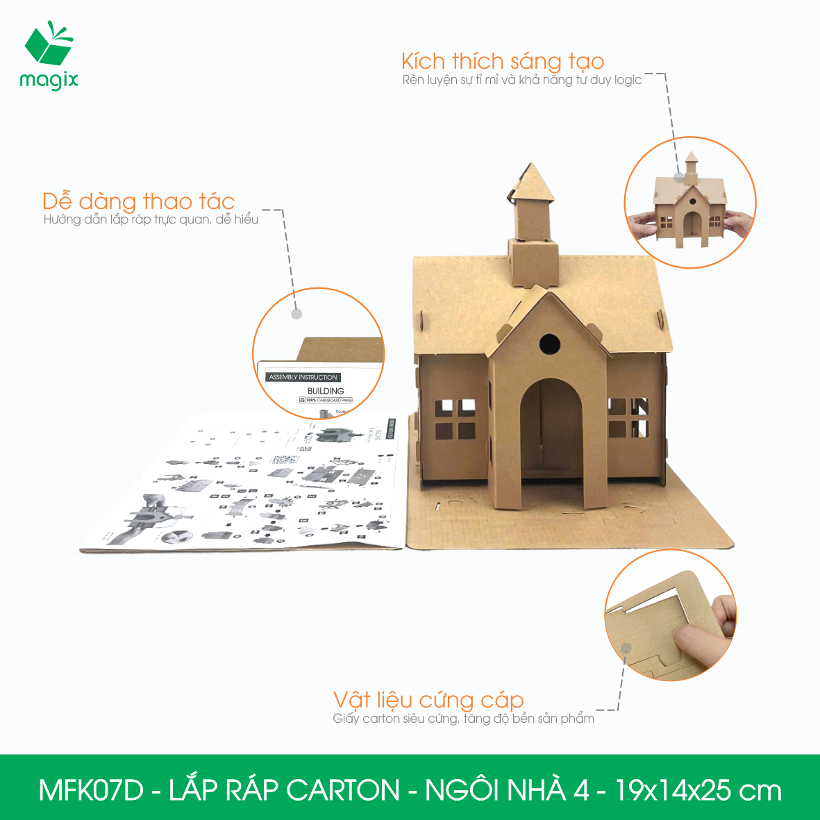 MFK07D - 19x14x25 cm - Mô hình ngôi nhà lắp ráp từ bìa carton cao cấp, nhà giấy carton mini sáng tạo
