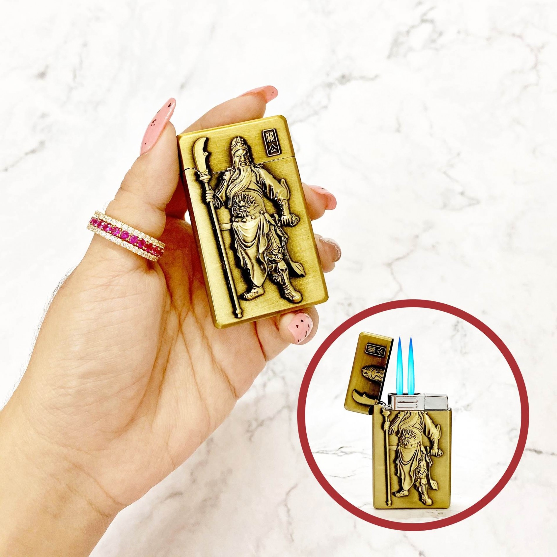 Bật lửa hột quẹt khè 2 tia hình quan công uy nghiêm - xài gas