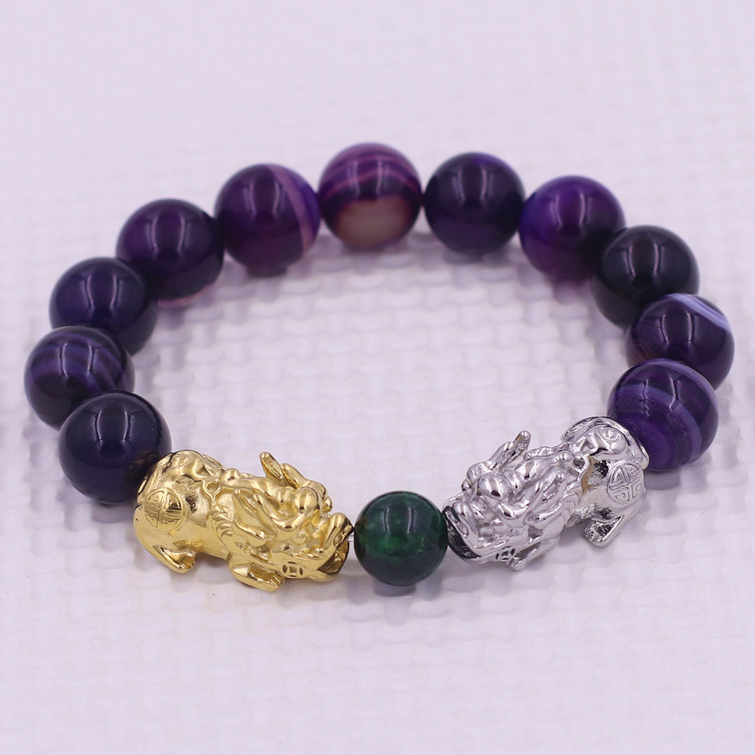 Vòng chuỗi đeo tay mã não tím sọc 12 ly charm tỳ hưu đôi inox trắng và vàng, vòng chuỗi phong thủy, charm tỳ hưu, vòng tay hạt chuỗi