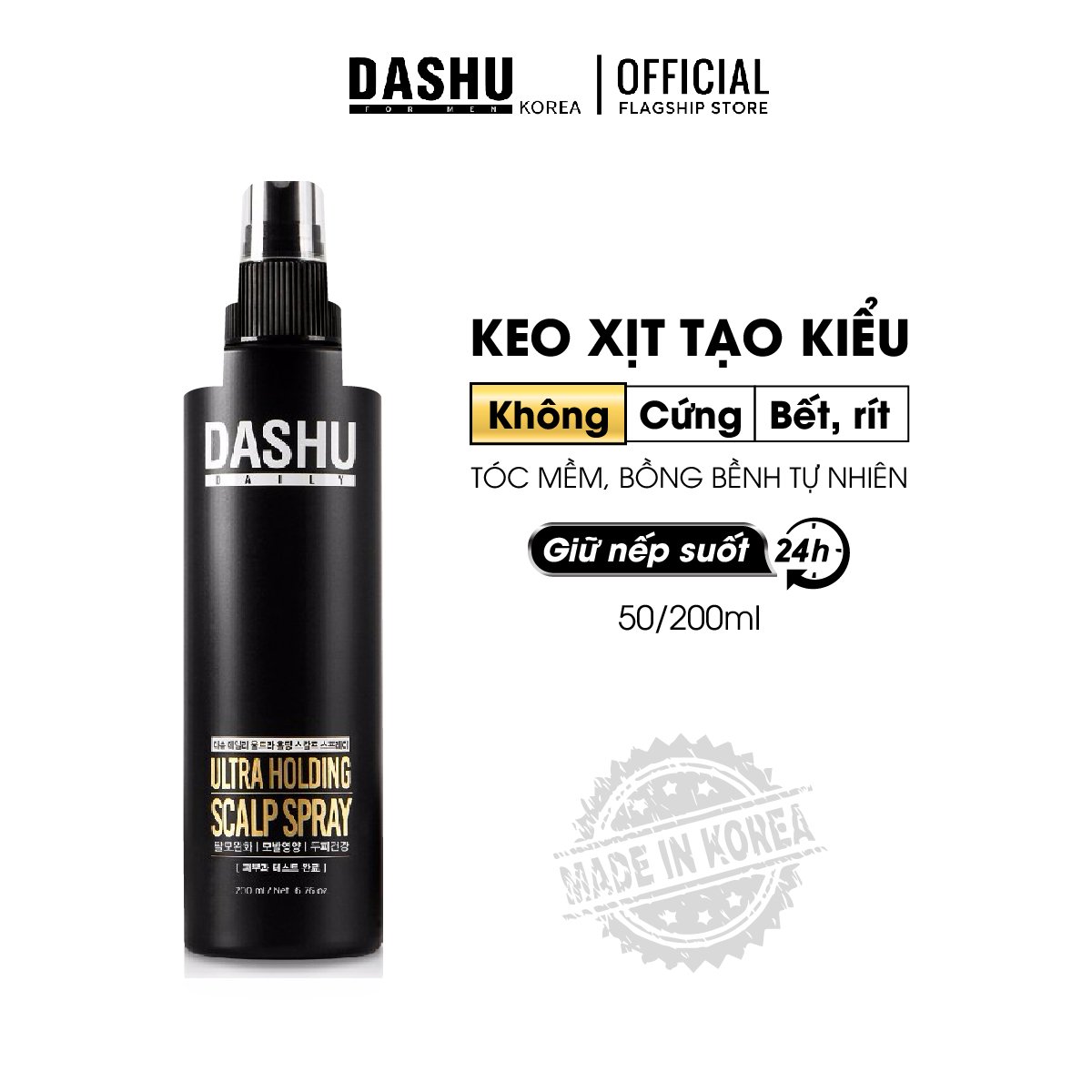 Keo xịt tóc Nam 2 in 1 xit cố định tóc và bảo vệ da đầu Dashu Daily Ultra Holding Scalp 200ml, gôm xịt giữ nếp tóc nam chiết xuất trà xanh, khổ sâm, thảo dược ngăn ngừa rụng tóc hương thơm tự nhiên, sử dụng sau khi vuốt tóc bằng sáp