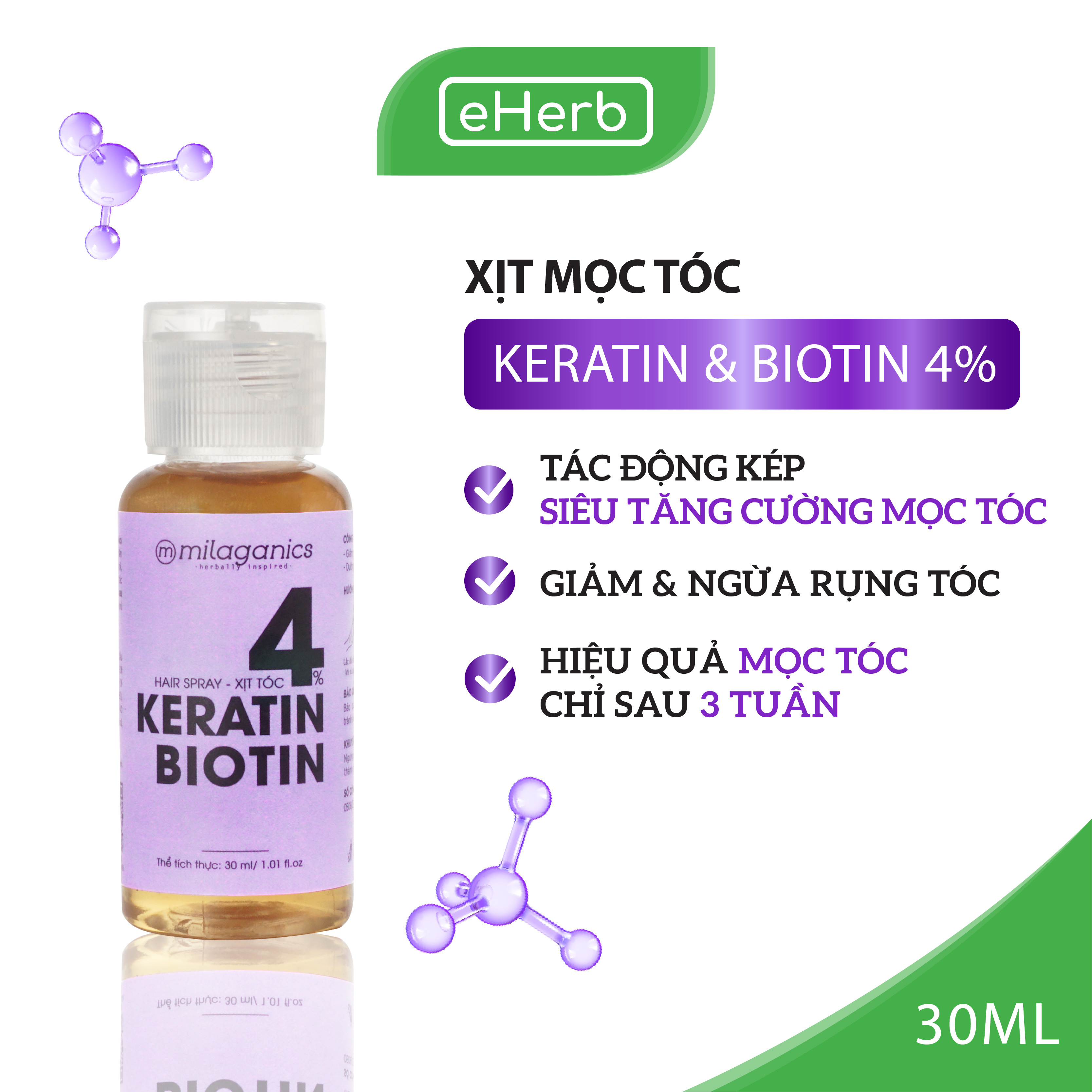 Serum Dưỡng tóc Biotin &amp; Keratin Hỗ Trợ Phục Hồi, Bổ Sung Dưỡng Chất Mọc Tóc, Làm Dày Tóc MILAGANICS 30ml - 150ml (chai