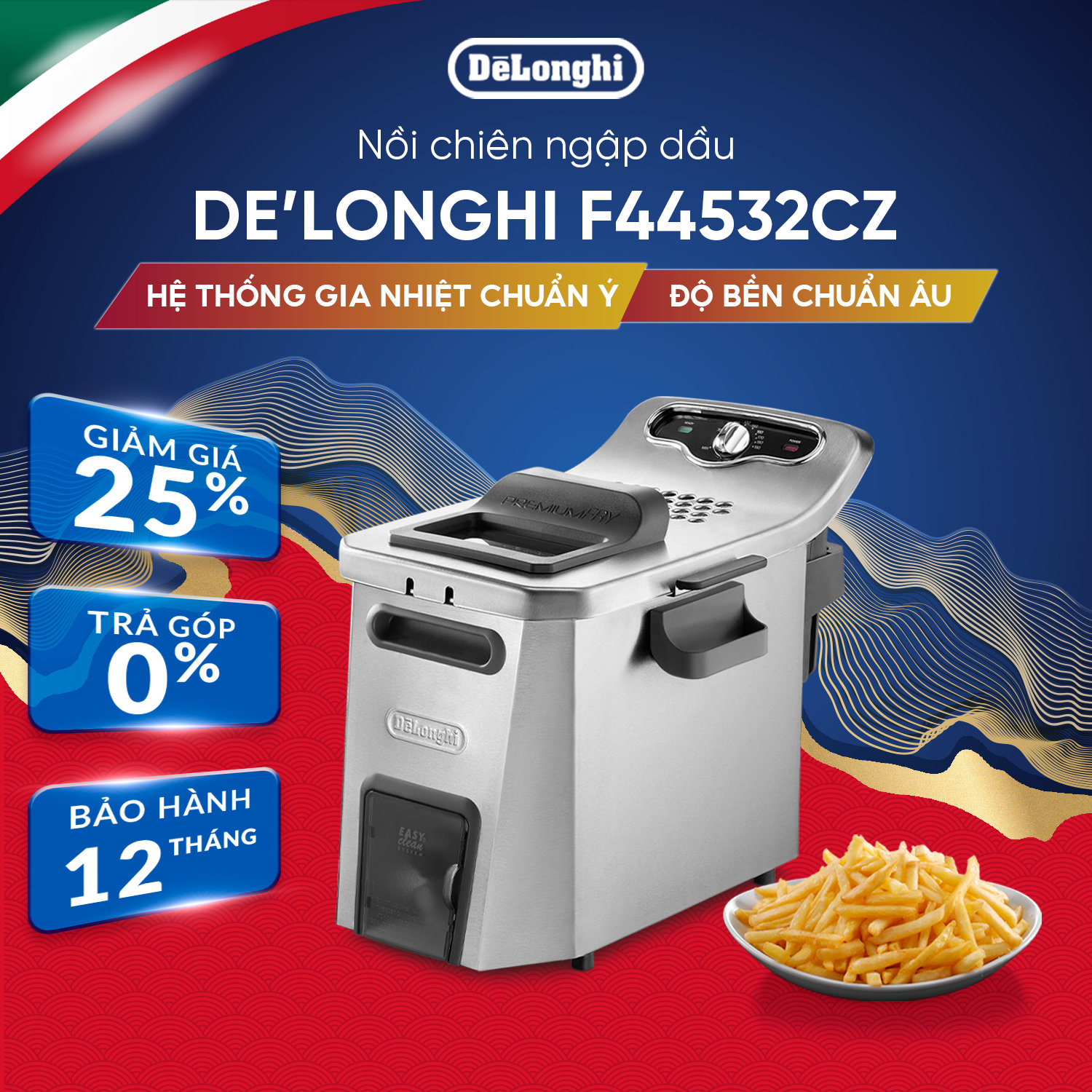 Nồi chiên ngập dầu DeLonghi Premium Fry F44532CZ 5 lít - 3200W - Điều khiển điện tử - Hàng chính hãng