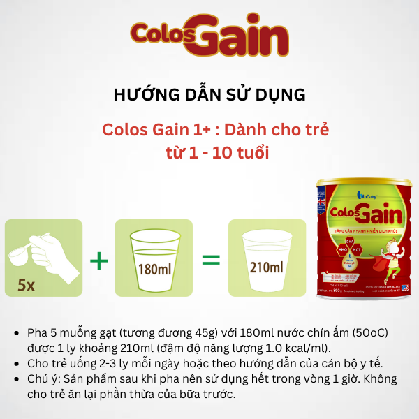 Sữa bột Colos Gain 800g giúp bé tăng cân hiệu quả, giảm táo bón, miễn dịch khỏe - VitaDairy