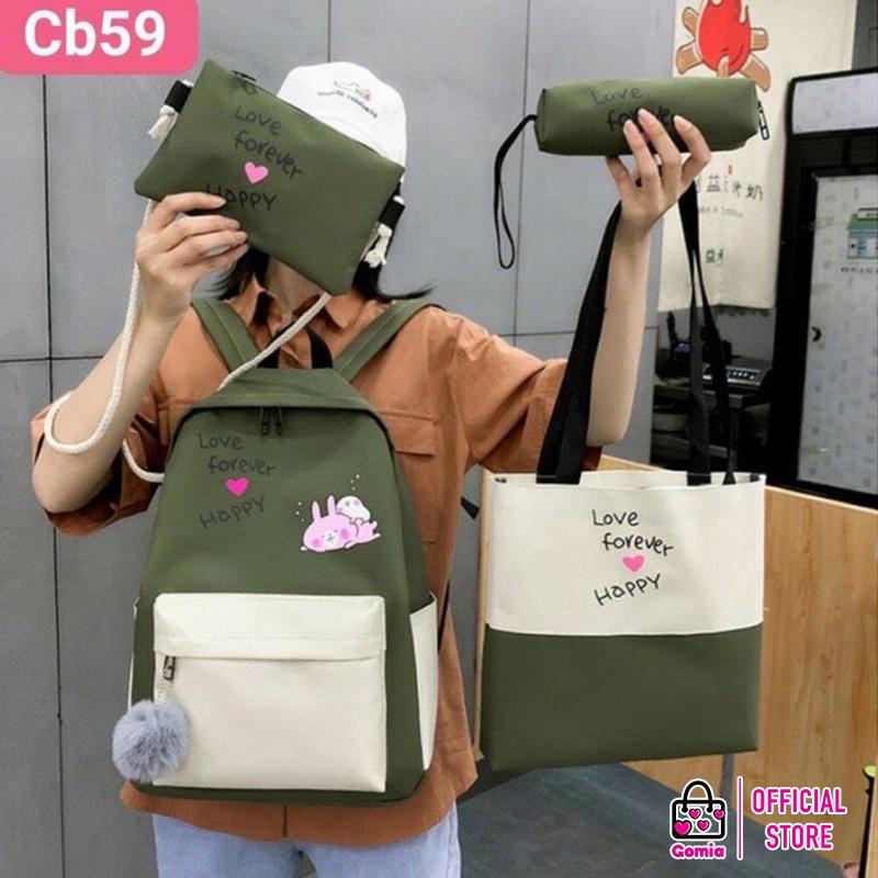 Set Balo 4 món Thỏ hồng Love Forever Happy màu sắc dễ thương dành cho học sinh sinh viên GOMIA BLS5092