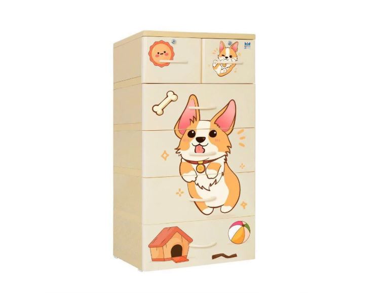 Tủ nhựa 5 tầng Qui Phúc KID màu hột gà mẫu Cún Con KT 600 x 470 x 1300 mm _ Juno Sofa hàng lắp sẵn