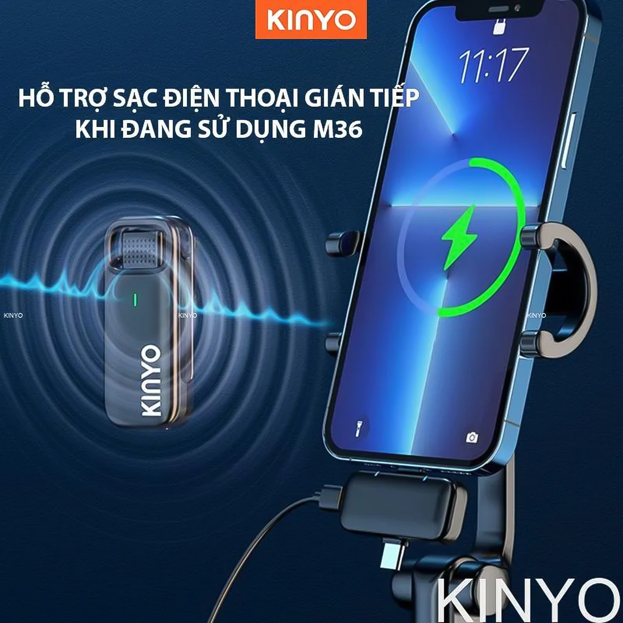 Micro thu âm không dây cài áo Vinetteam Kinyo M36 kèm dock sạc lọc âm chống ồn cao cấp có 2 đầu dành cho Iphone và Android - hàng chính hãng