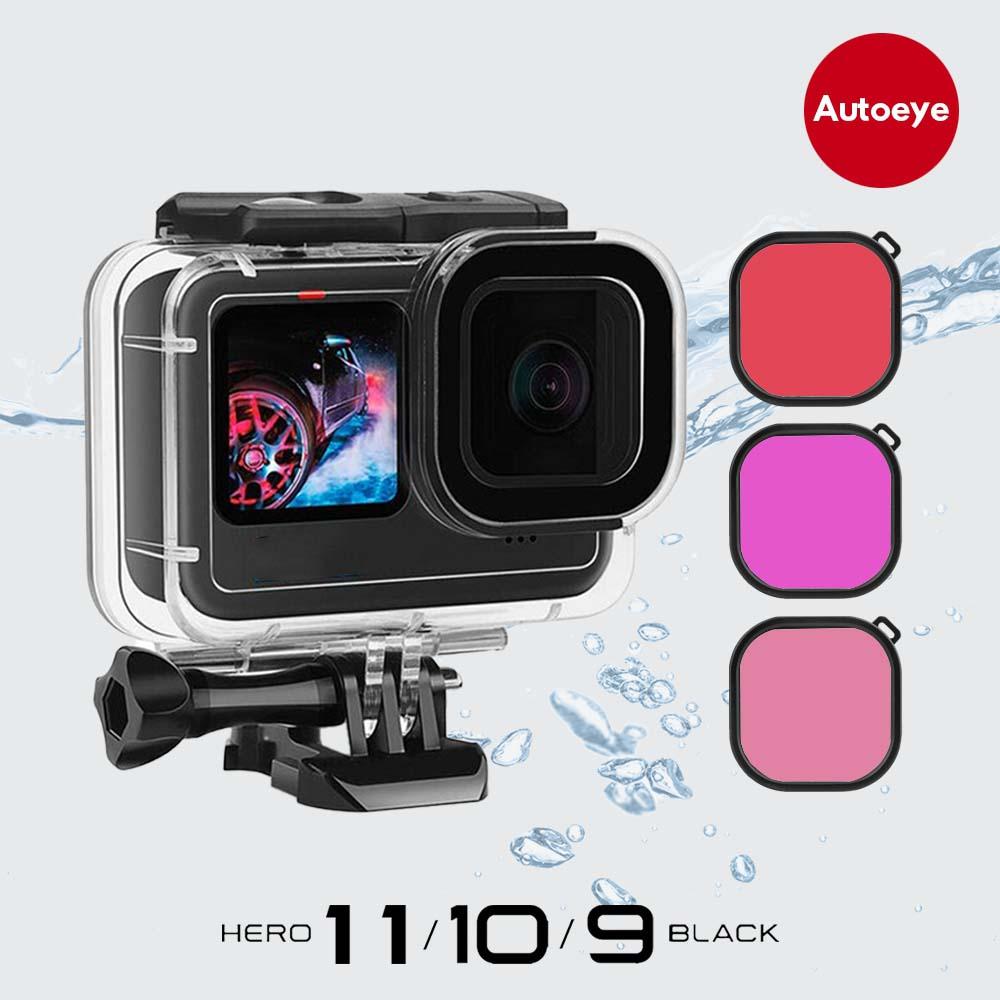 Trường hợp chống thấm 60m cho GoPro Hero 11 10 9 Đen Lặn bảo vệ dưới nước bao gồm Bộ lọc màu tím Đỏ 3 Bộ dụng cụ