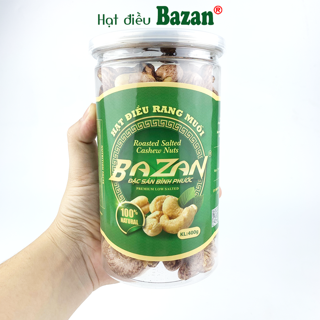 Hạt điều rang muối Bazan Bình Phước nguyên hạt dinh dưỡng A+ loại 1 hộp 400g nắp bật còn vỏ lụa