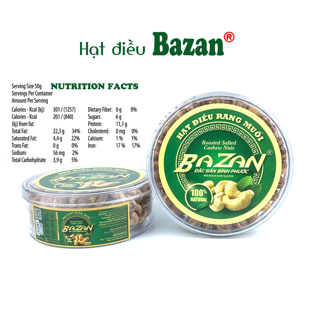 Hạt điều rang muối Bazan Bình Phước nguyên hạt dinh dưỡng A+ loại 1 hộp tròn 500g xếp hoa