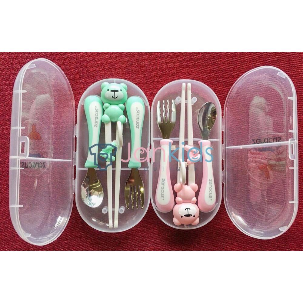Set đũa thìa dĩa inox Zaracus hàn quốc cao cấp không rỉ có hộp cho bé