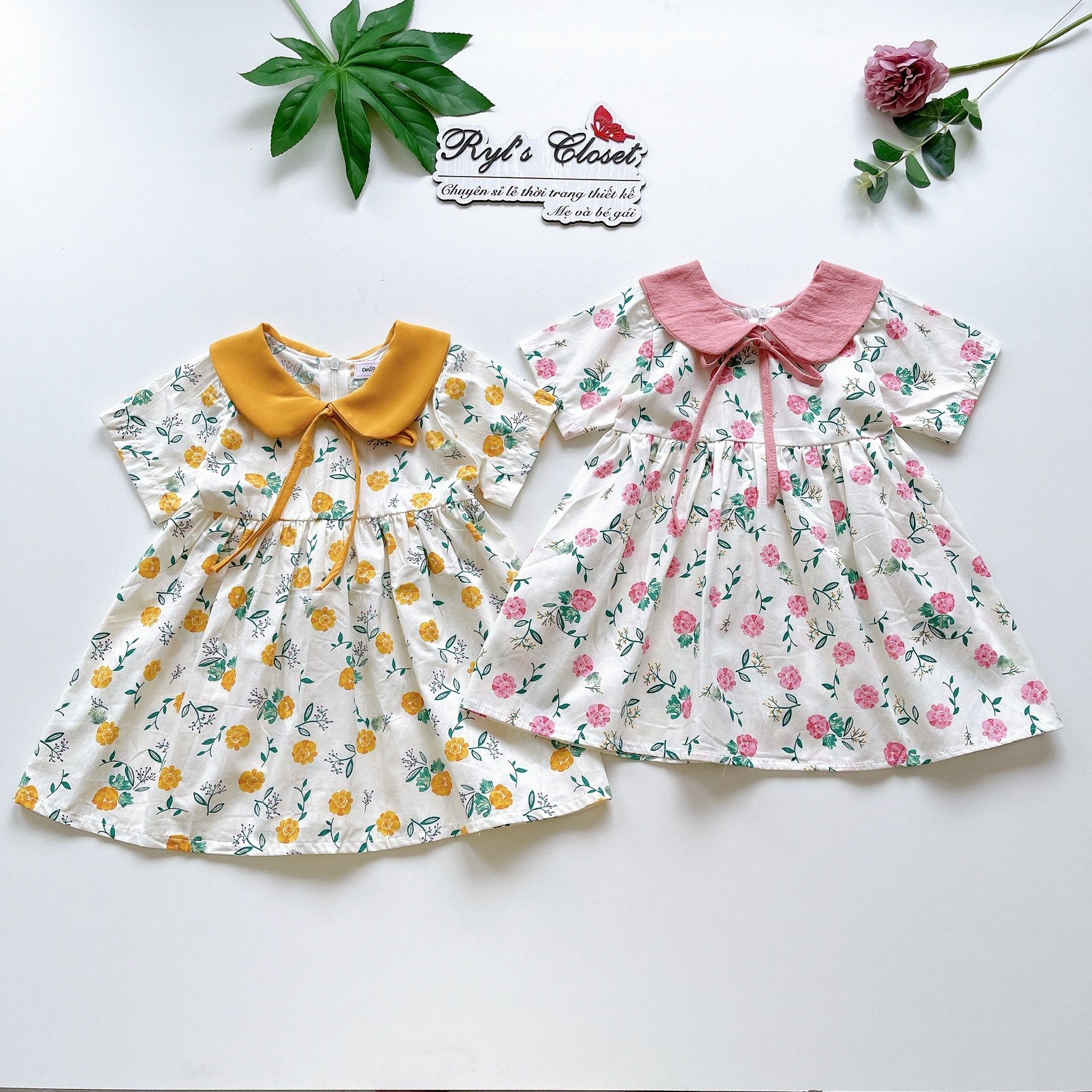 Váy Cổ Sen Bé Gái 4 Đến 18kg Chất Thô Hoa Phối Đũi Cara