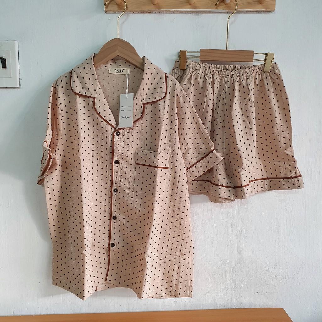 Pyjama thô đũi nền kem chấm bi nâu