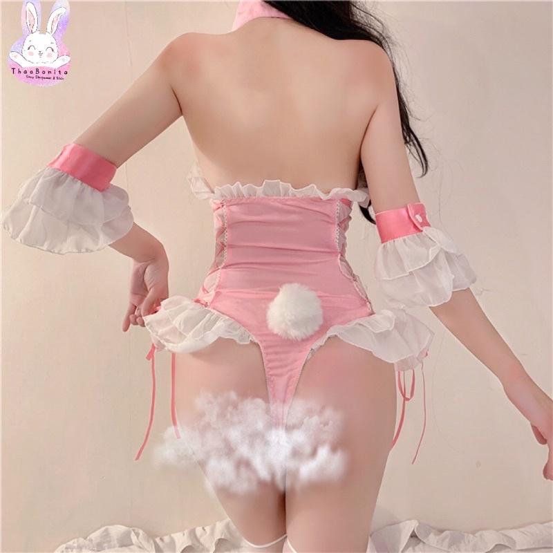 Bodysuit Cosplay bé Thỏ nơ hồng đan dây siêu cưng tay bèo