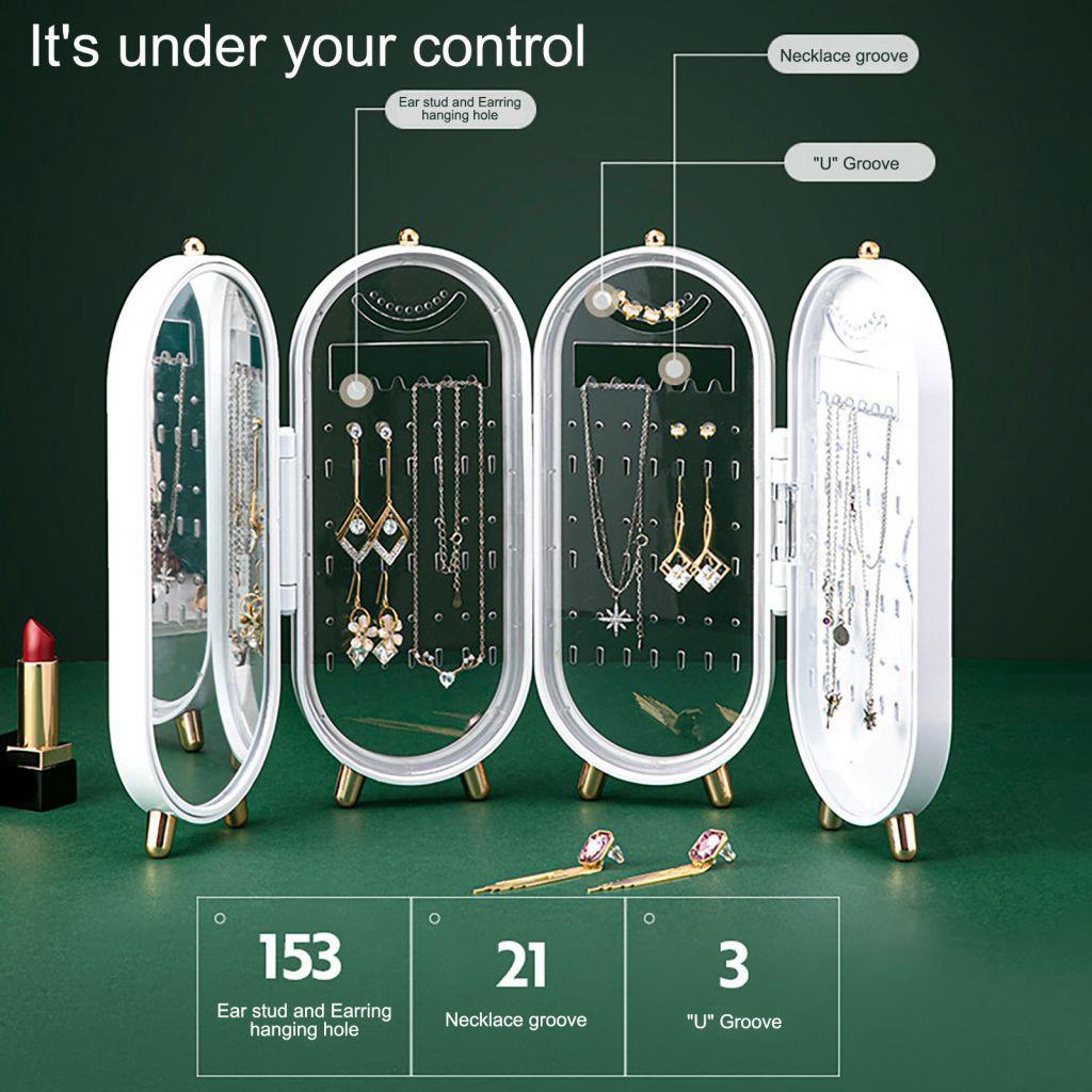 Hộp Đựng Kèm Gương Lưu Trữ Trang Sức Bông Tai, Vòng Tay Xanh Ngọc Bích Gấp Gọn Tiện Lợi Quà Tặng