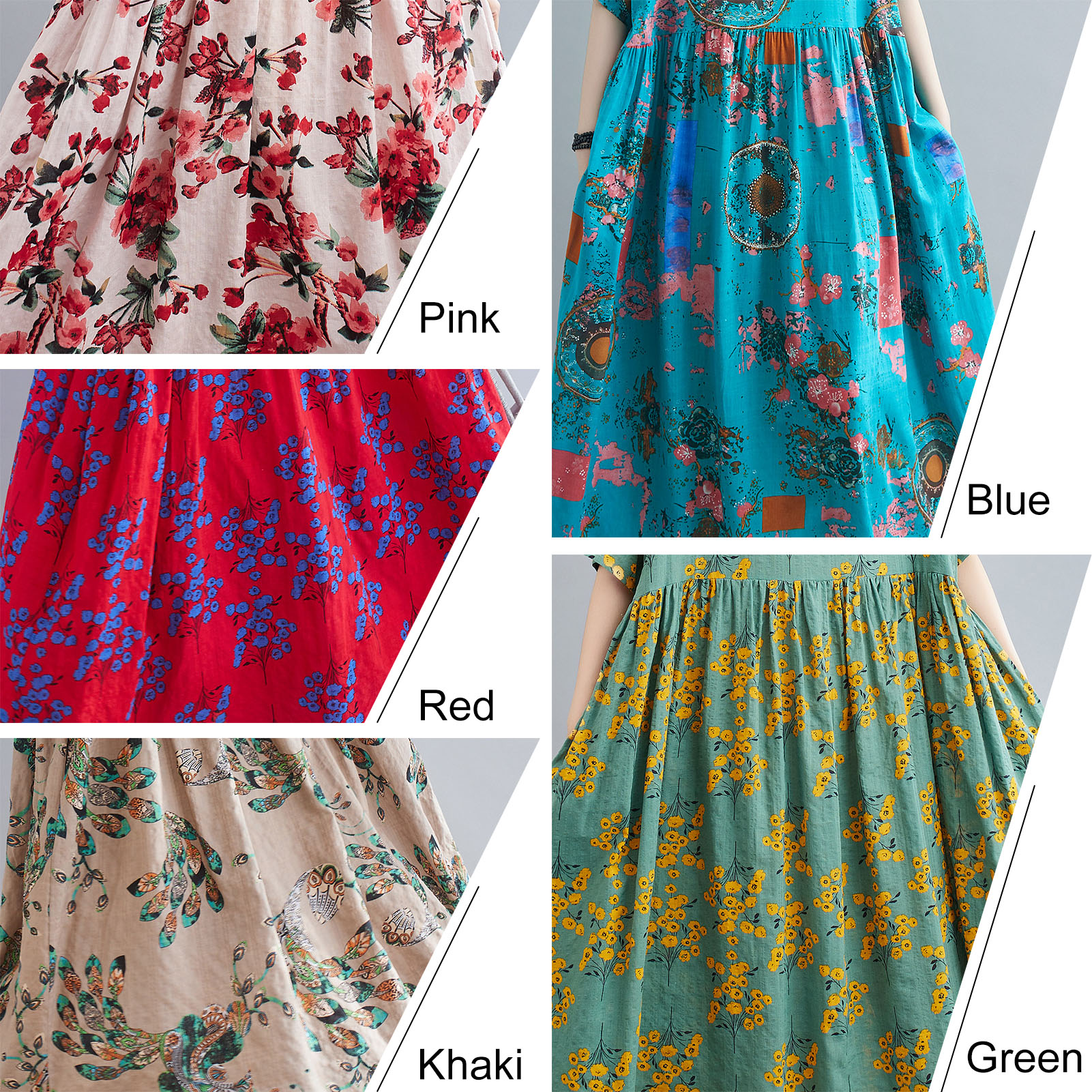 Women Vintage Dress Floral Print Pockets Mid-Calf Loose O-Neck Short Sleeves Dress Plus Size Casual