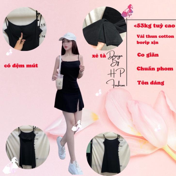 Váy 2 dây hở lưng, đầm dáng ngắn xẻ tà body dáng xoè màu đen dự tiệc sang chảnh hàn quốc có mút ngực VD109   -TEEN