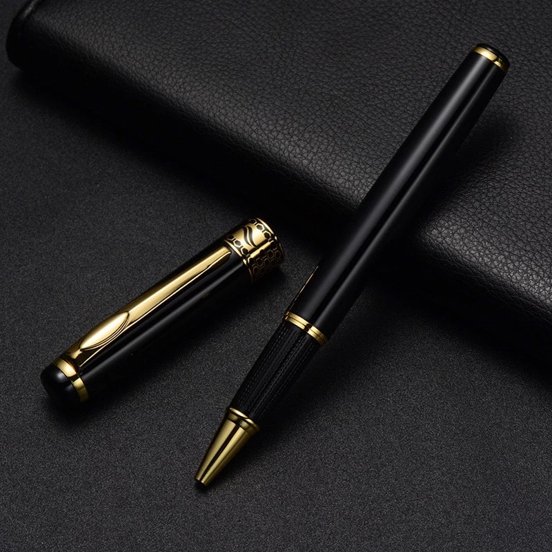 Bút viết Bi vỏ hợp kim sơn đen bóng điểm nhấn mạ vàng Baoer BP-68